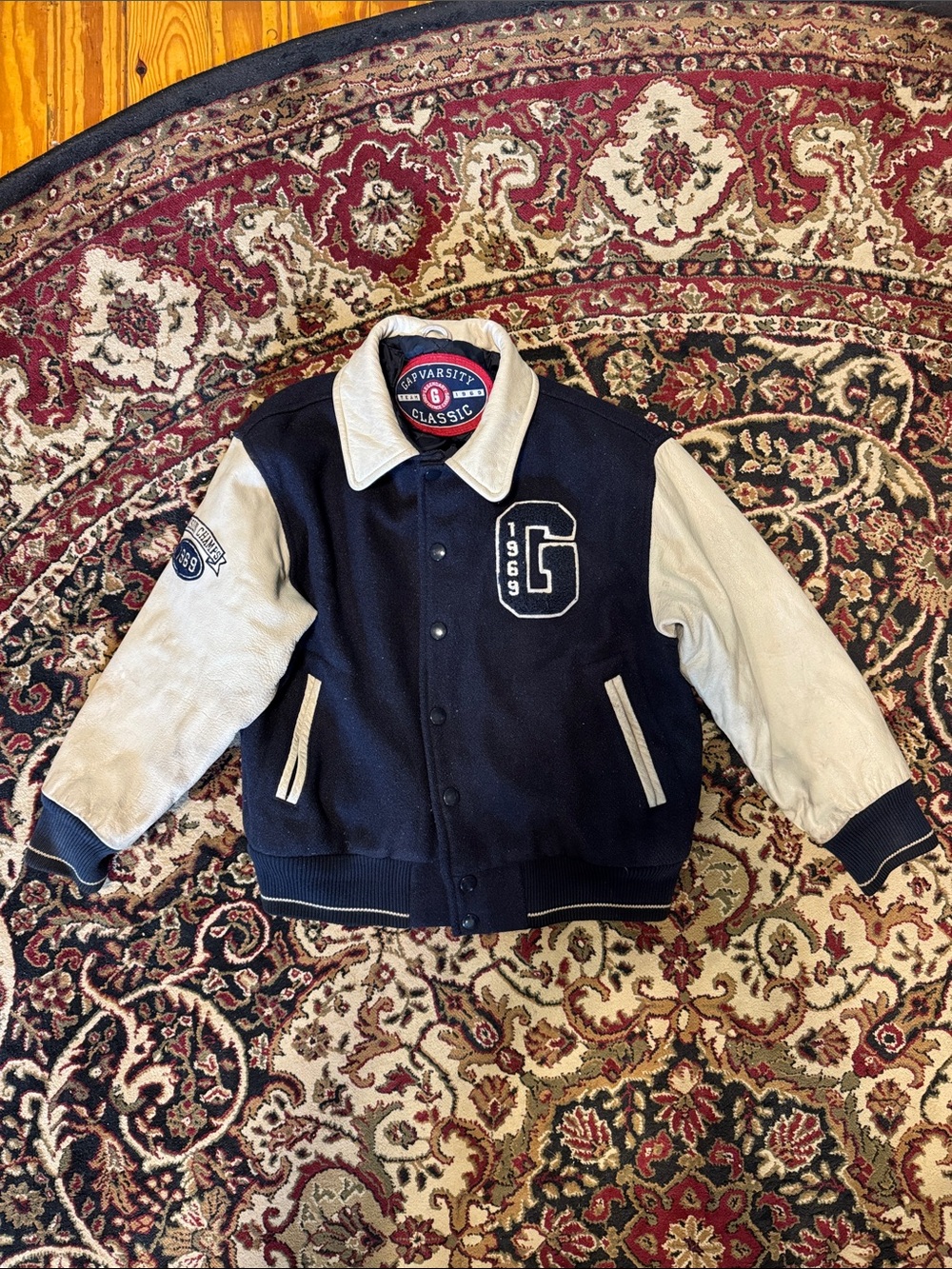 Vintage Gap 1969 Kids Navy and beige Letterman wool Jacket Medium  leather sleve